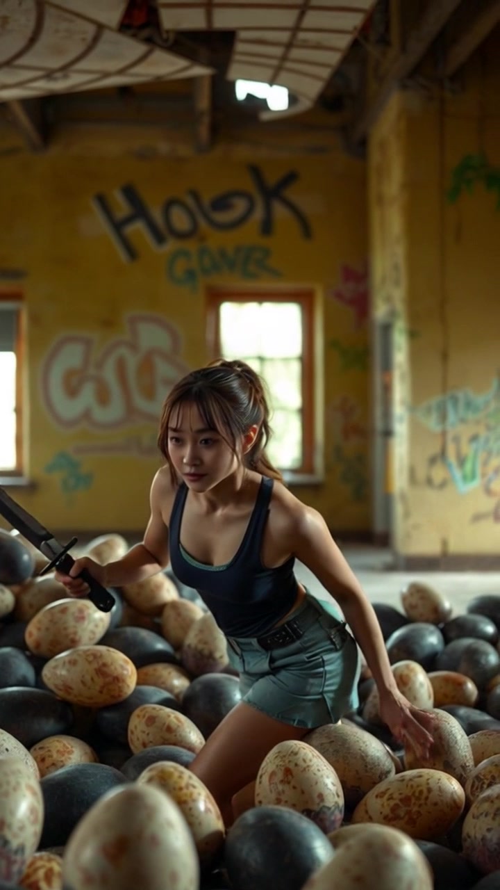 Subject: A human figure sneaking cautiously past dragon eggs, holding a sharp blade at the ready. Subject movement: The figure moves slowly and stealthily, glancing around in vigilance. Scene: A dimly lit cave filled with glimmering dragon eggs, shadows flickering on the rocky walls. Style: Soft, ambient lighting highlighting the eggs' textures, with a sense of danger in the air. Motion: The camera follows the figure closely in a handheld shot, creating an immersive feeling of tension as it navigates through the perilous setting.