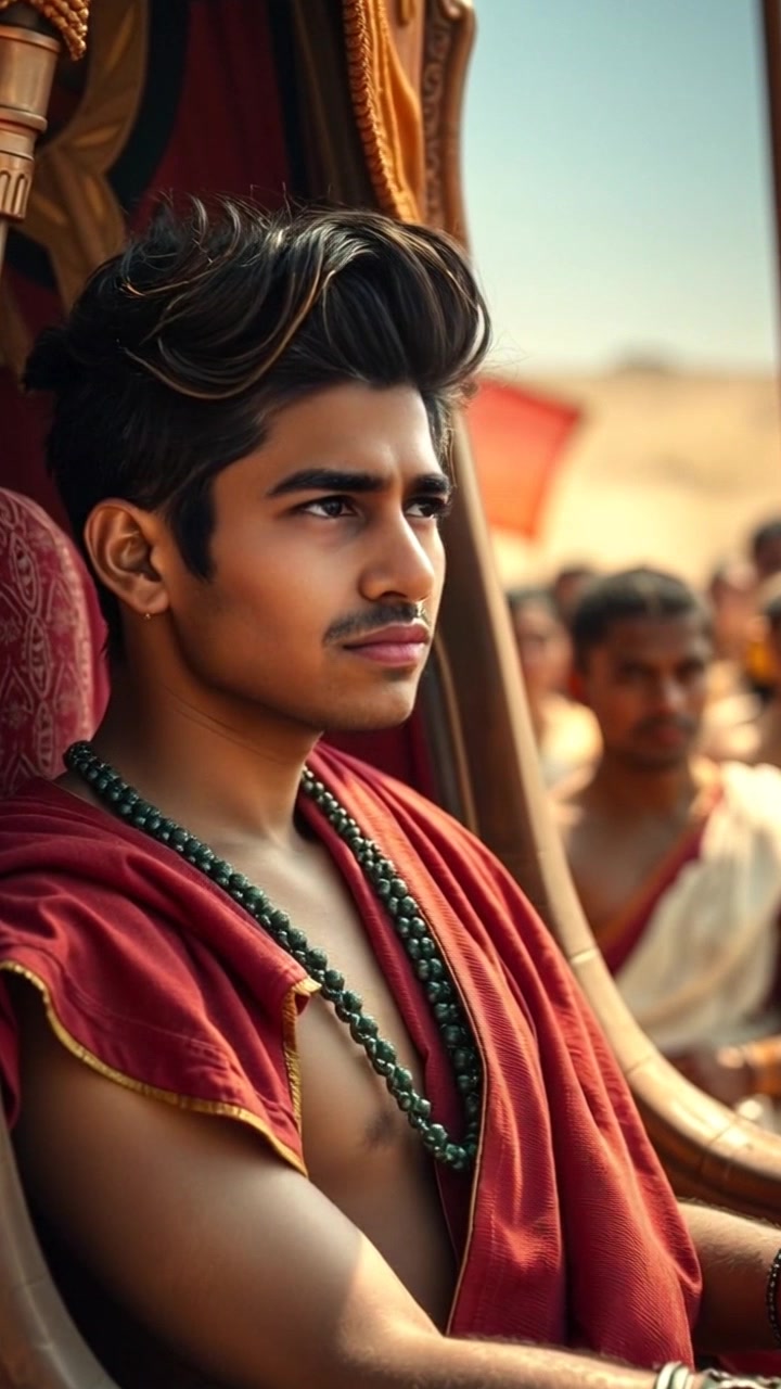 Subject: Arjuna sitting in his chariot, looking apprehensive at his opponents. Subject movement: His eyes dart nervously between potential foes, while the chariot stands still on the battlefield. Scene: An ancient battlefield with dust swirling in the air, warriors preparing for conflict in the background. Style: Dramatic lighting casts long shadows, enhancing the tension of the moment. Motion: The camera slowly pushes in on Arjuna's contemplative expression, capturing the weight of his uncertainty as the sounds of clashing swords echo in the distance.
