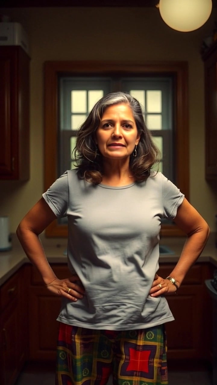 Subject: Aunt Agatha standing with hands on hips, looking impatient. Subject movement: She shifts her weight from one foot to the other, occasionally glancing at the clock on the wall. Scene: A dimly lit kitchen with rustic wooden cabinets and a cluttered countertop. Style: Soft, warm, and muted lighting creating a cozy yet tense mood. Motion: Camera slowly pushes in on Aunt Agatha, capturing her expressions as the ambiance of the kitchen subtly shifts around her.
