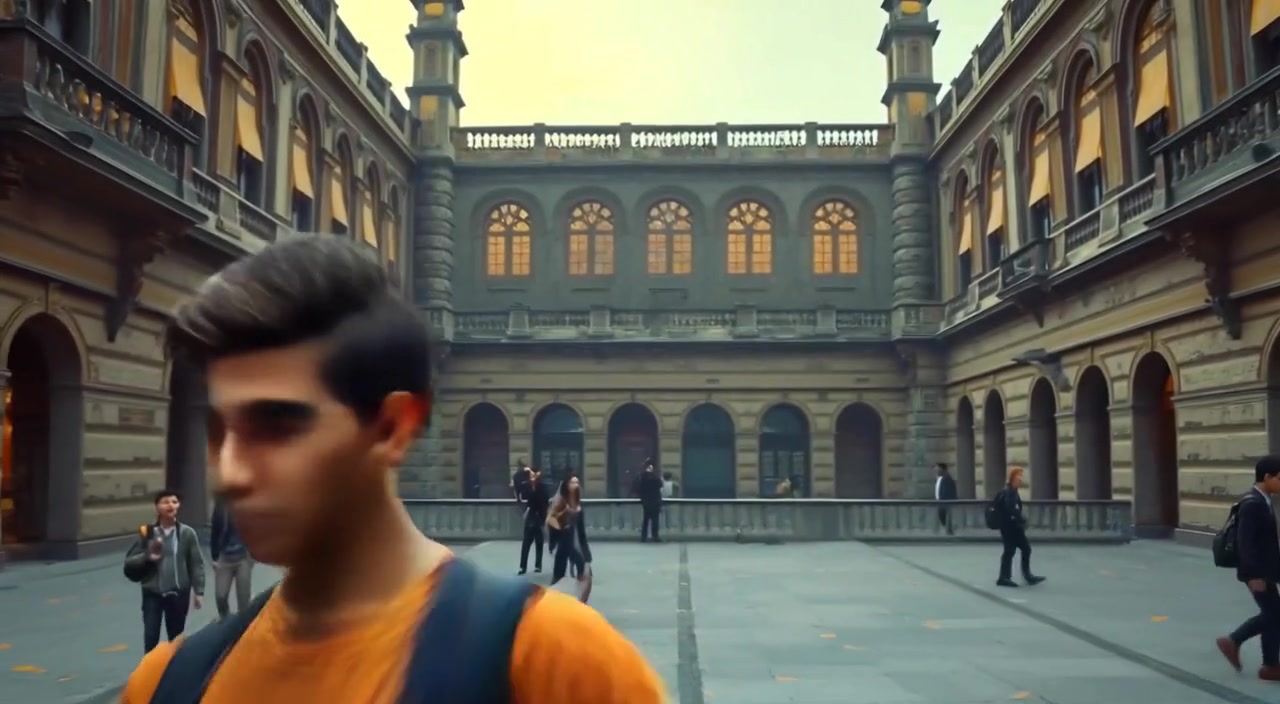A group of students walk naturally across the courtyard, surrounded by tall stone buildings of the Academy of Carbonia.