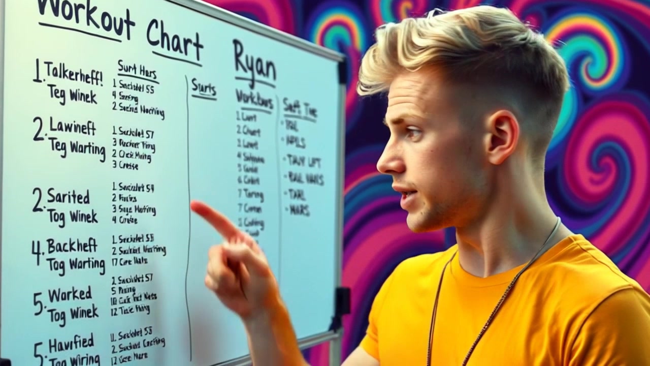 Subject: A frustrated Fitness Coach intensely studying a generic workout chart on a whiteboard. Subject movement: The coach gestures animatedly, pointing at various sections of the chart while shifting their weight from one foot to the other. Scene: Modern gym interior with motivational posters on the walls and fitness equipment in the background. Style: Bright, natural lighting brightens the room, enhancing the atmosphere of determination and focus. Motion: Handheld camera tracking shot that captures the coach's expressions and movements as they dynamically engage with the chart.