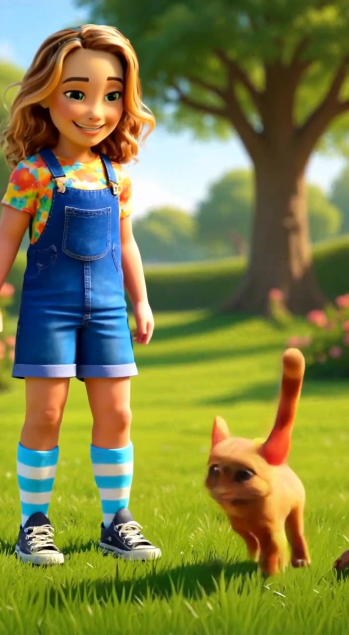 3D Cartoon Child and Cat in Backyard Adventure