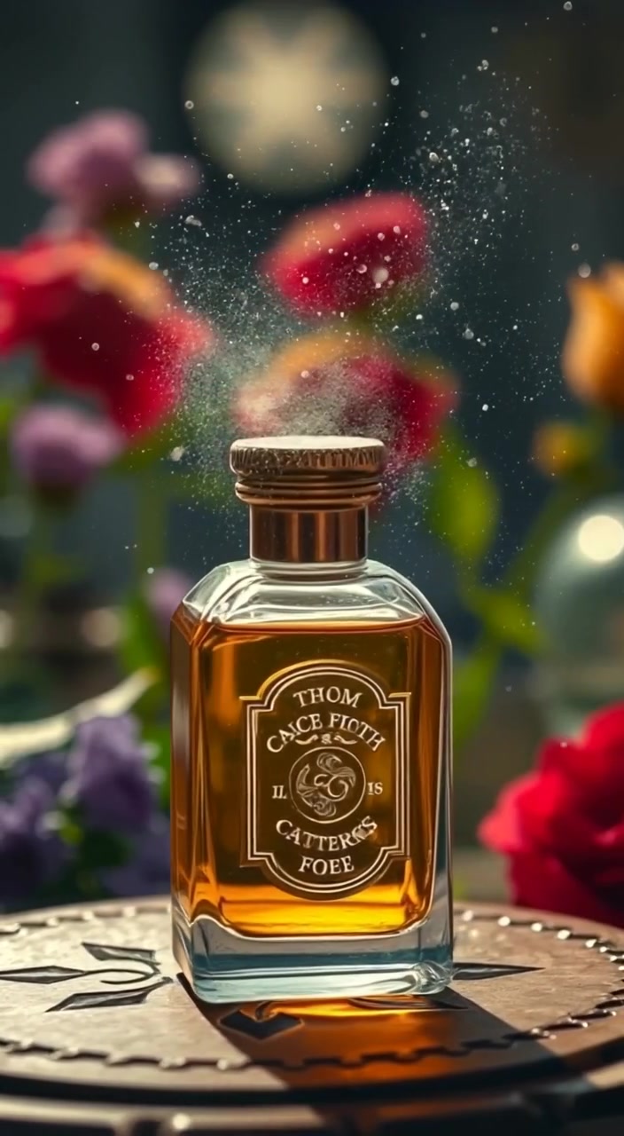 Fine particles gently swirl around the bottle, illuminated softly against a blurred, enchanting garden backdrop.