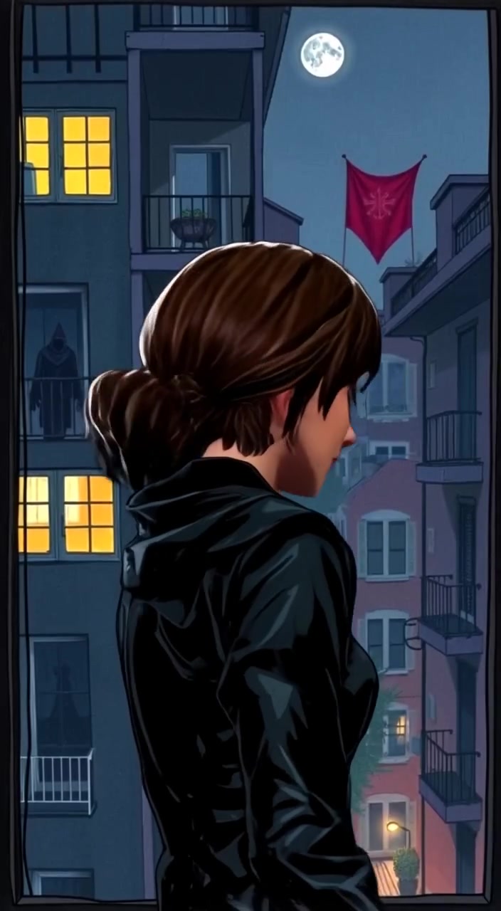 The figure in the window slowly turns to gaze across the courtyard.