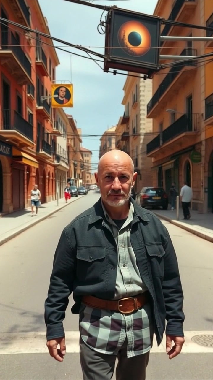 Subject: A man in a raincoat standing still in the center of a deserted street, gazing directly at the camera. Scene: Urban street wet from recent rain, with glistening pavement reflecting streetlights. Lighting: Soft, diffused lighting adds a moody ambiance, enhancing the sense of solitude. Motion: Camera slowly pushes in towards the man, capturing the details of his expression as raindrops gently fall around him.