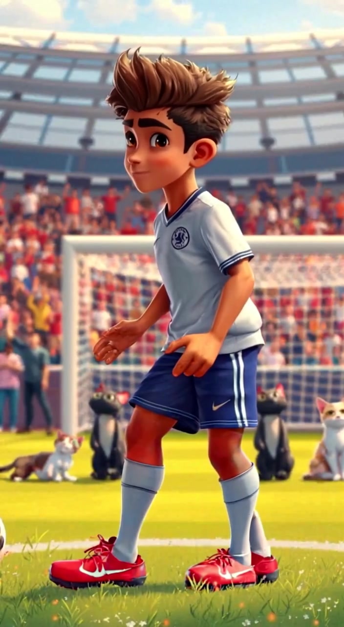 The boy strides confidently onto the soccer field, a cheering crowd and goal post visible in the background.