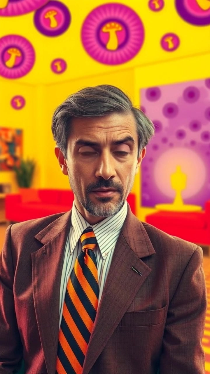 A middle-aged man in a business suit looking confused in a bright living room.