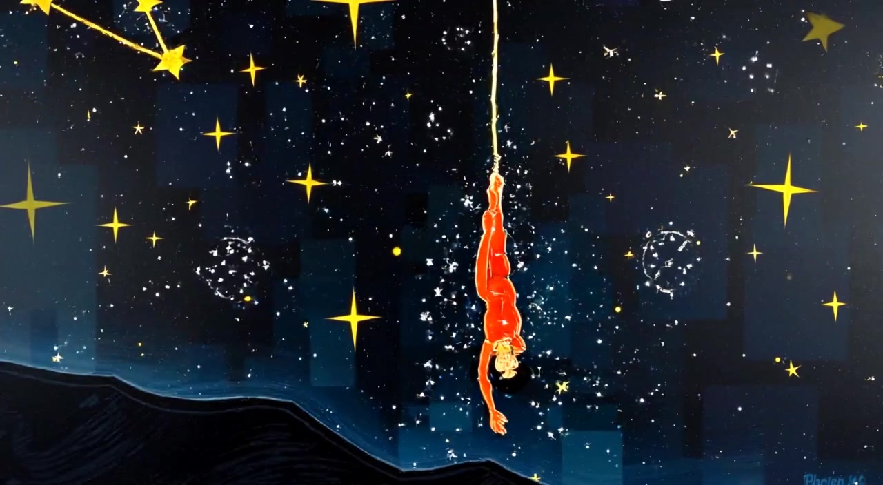 Stars twinkle gently in the night sky, highlighting a prominent constellation resembling a hanging man.