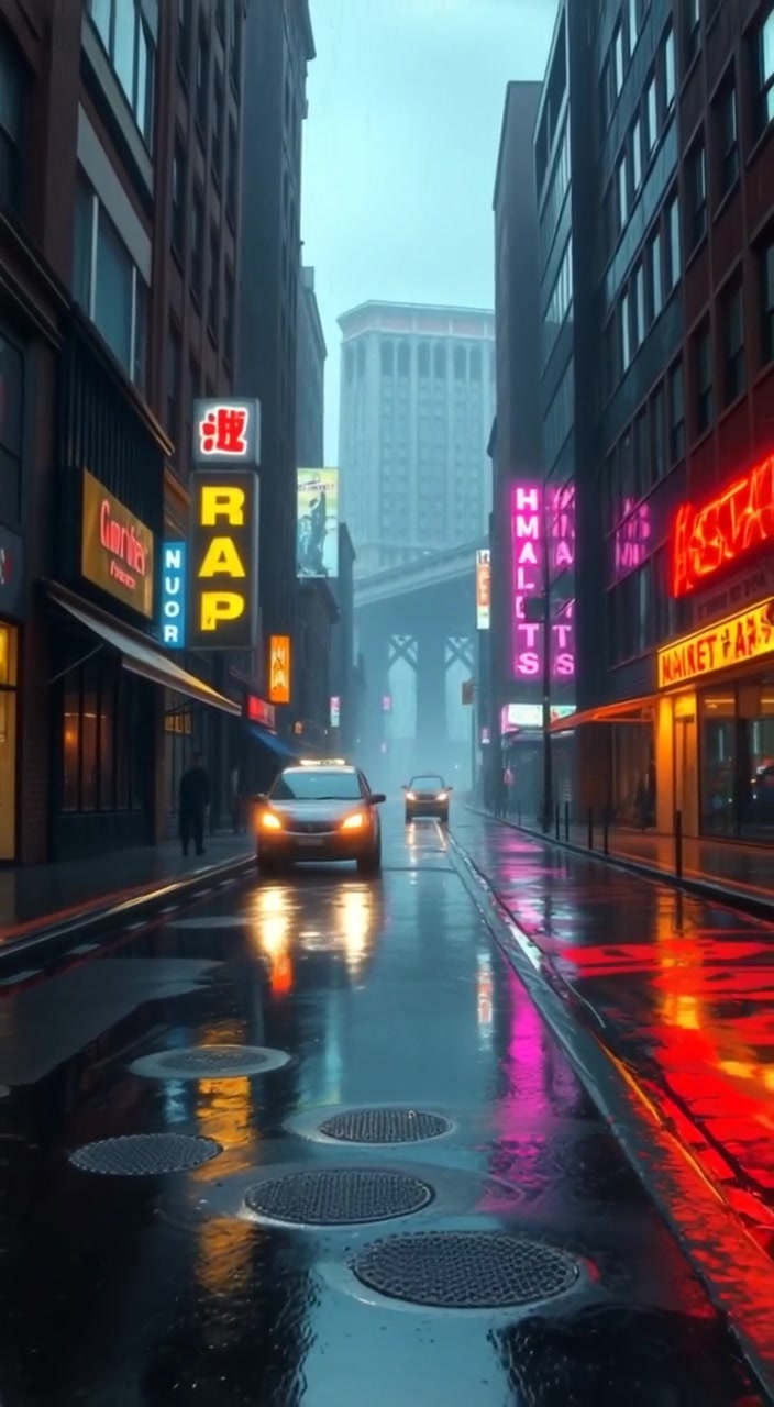 Raindrops gently splatter on glowing neon puddles in a dark cyberpunk city as distant figures move slowly through the streets.