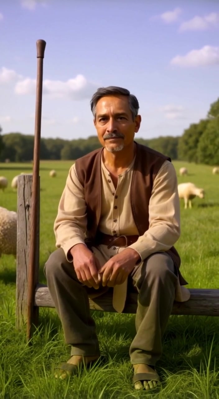 The man sits on a wooden fence, gently watching his sheep as the breeze sways the grass.