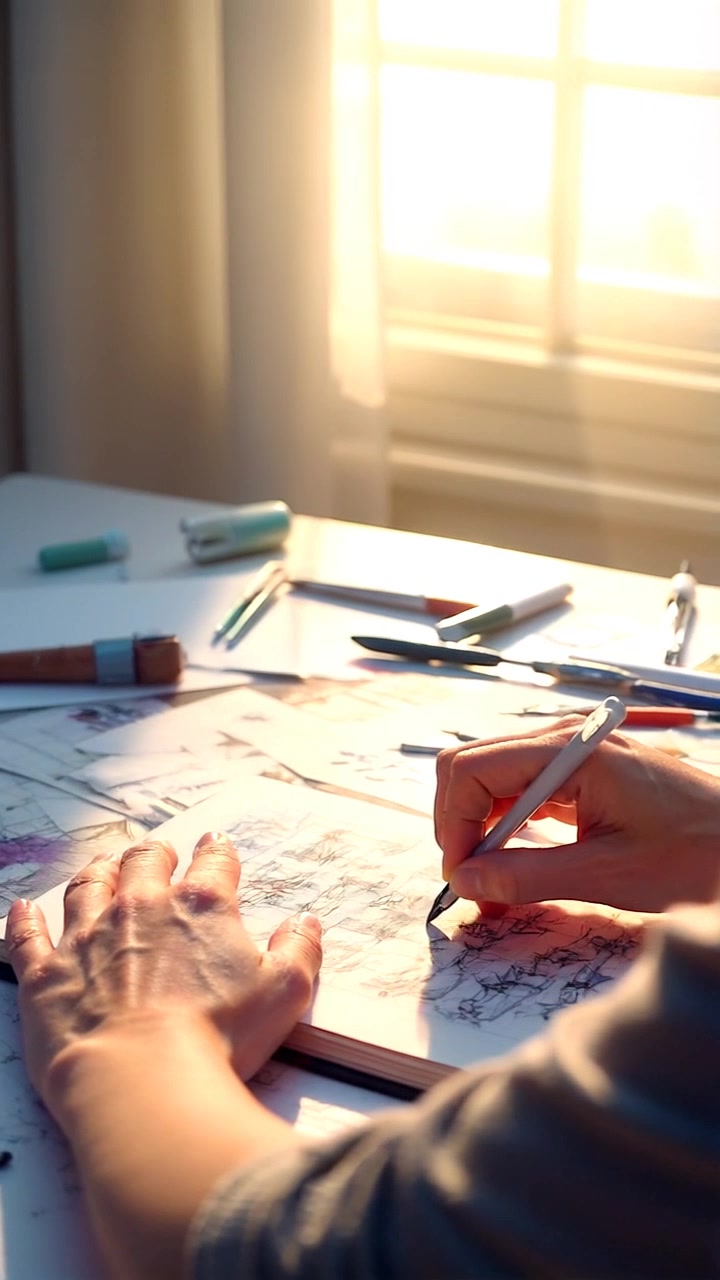 Scene: An inspiring workspace filled with scattered design tools and sketches, where a pair of hands fervently details plans in a notebook featuring vivid drawings of dreams. Style: Soft, golden sunlight streams through a nearby window, casting warm highlights on the pages. Motion: The camera glides smoothly over the illustrations, showcasing the intricate details, and gently zooms in on the hands as they animate the sketches with passionate gestures, creating an intimate connection to the artist's vision.