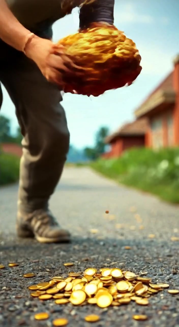 The man gently lifts a bag of gold coins from the path, sunlight glittering off the coins.