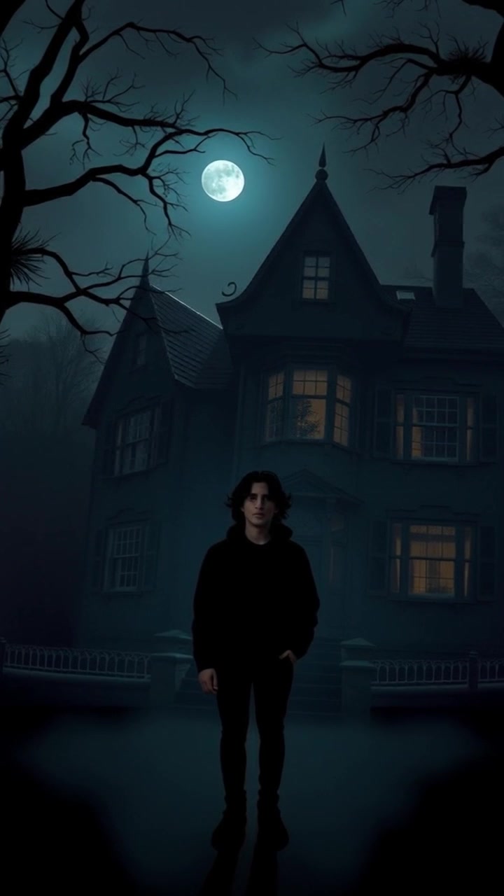 Silhouetted against the backdrop of a large, old house, Anton slowly raises his hand in a mysterious gesture. The camera does a dramatic reveal from a low-angle shot, emphasizing the grandeur of the building. The scene is illuminated by a faint moonlight, creating a spooky and suspenseful atmosphere.