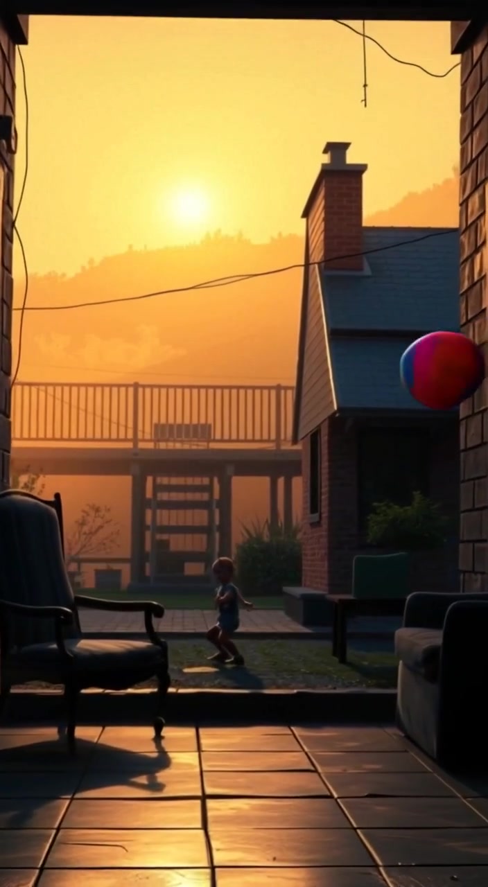 The child gently tosses a colorful ball into the air, laughing as it rises against the backdrop of rolling hills.
