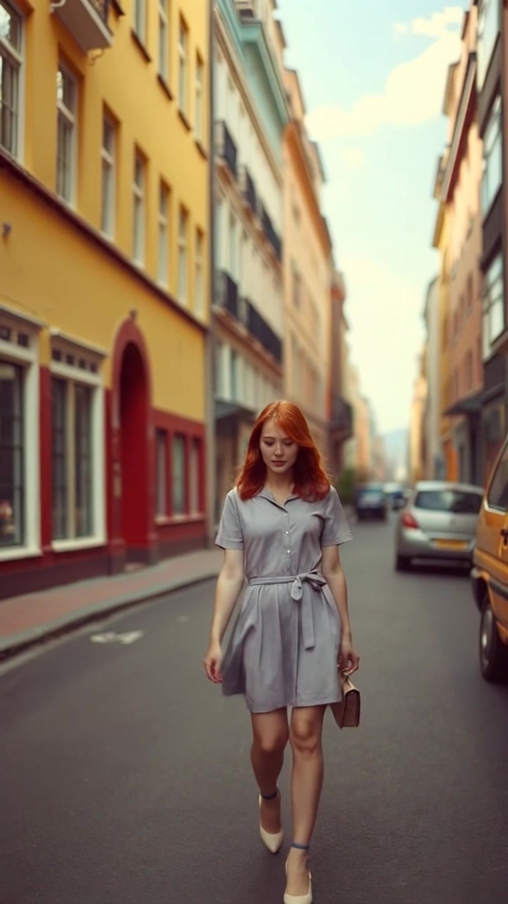 Subject: A solitary figure walking. Subject movement: The figure slowly wanders through a quiet city street, head down, absorbed in thought. Scene: A tranquil urban environment, with charming old buildings lining a cobblestone path under a soft overcast sky. Lighting: Ambient light creating a muted, reflective atmosphere. Motion: The camera follows the figure closely, gliding alongside as they walk, emphasizing the stillness of the surroundings and the contemplative mood.