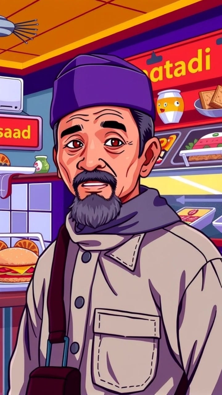 Subject (Elderly man with a traditional Indonesian cap, White beard, Flowing batik shirt) enters a bustling restaurant filled with various food displays. Subject stands still in awe looking around. Scene (Bustling restaurant with vibrant colors, Food displays and customers in the background). Camera Language (Zoom in to capture the man's expression and surroundings, Slow zoom out to show the busy restaurant), Lighting (Warm, soft overhead lights highlighting food displays), Atmosphere (Exciting, vibrant atmosphere with sounds of chatter and clinking glasses).