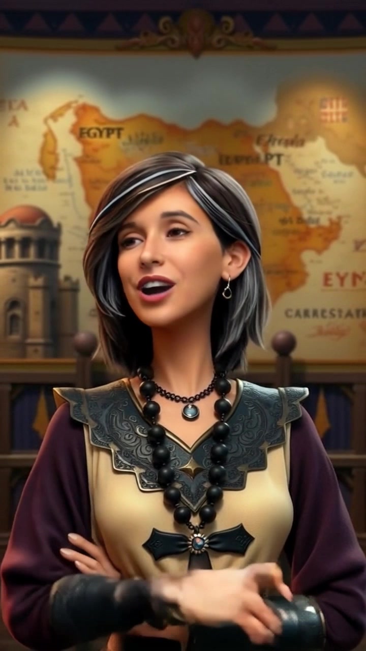 Subject: An animated host with a charismatic smile, wearing a formal suit and tie, standing confidently in front of a large map of Egypt. Subject movement: Host gestures enthusiastically while speaking, exuding charisma and energy. Scene: Historical backdrop with intricate details of ancient Egypt, showcasing hieroglyphics and iconic landmarks. Camera language: Slow zoom in on the animated host's expressive face, capturing their engaging presence against the backdrop. Lighting: Warm, spotlight illumination highlighting the host and the vibrant colors of the map. Atmosphere: Educational, engaging, and dynamic.