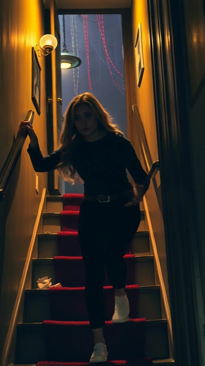 Subject: A person sneaking up the stairs with a worried expression. Subject movement: Ashley tiptoes cautiously, glancing around as she ascends the dark staircase. Scene: Dimly lit stairwell, with shadows creeping along the walls and the glow of faint light at the top. Style: Low, eerie lighting that casts deep shadows, creating a tense atmosphere. Motion: Handheld camera tracking shot closely follows Ashley's movements, emphasizing her apprehension as she moves stealthily upwards, each step amplified by the creaking floorboards.