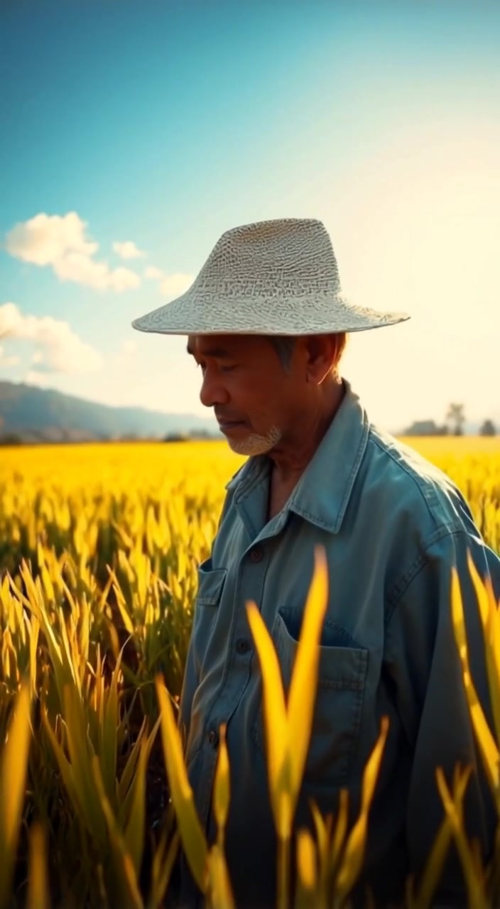 The farmer gently bends down, planting seeds in the sunlit rice paddy, surrounded by lush green stalks swaying softly.