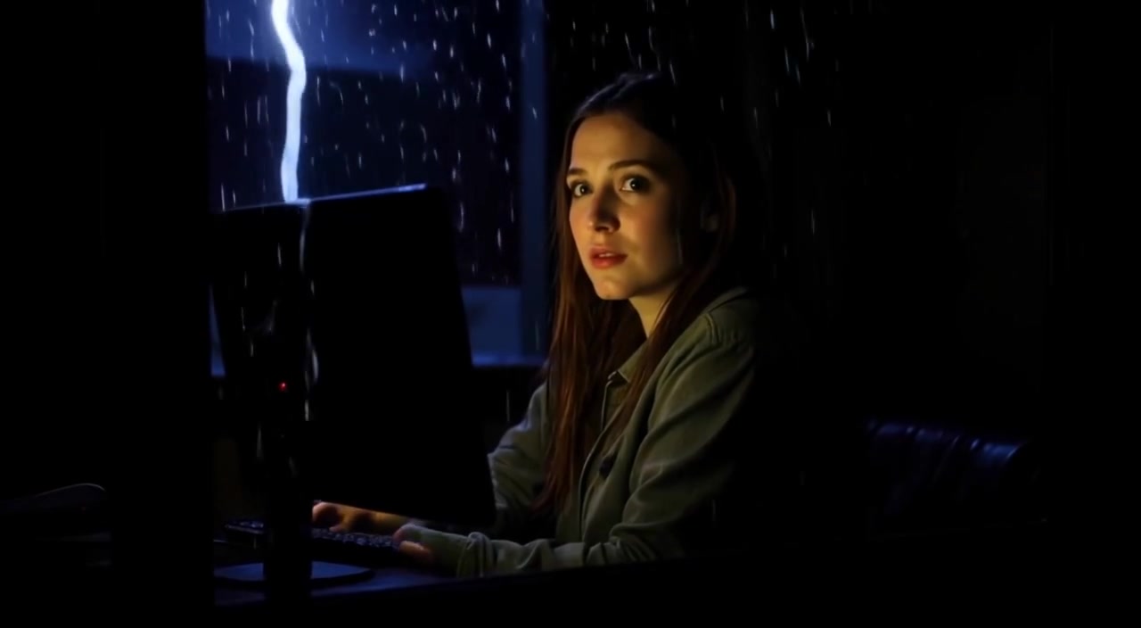 A woman gazes wide-eyed at her window as faint tapping sounds resonate softly in the quiet room.