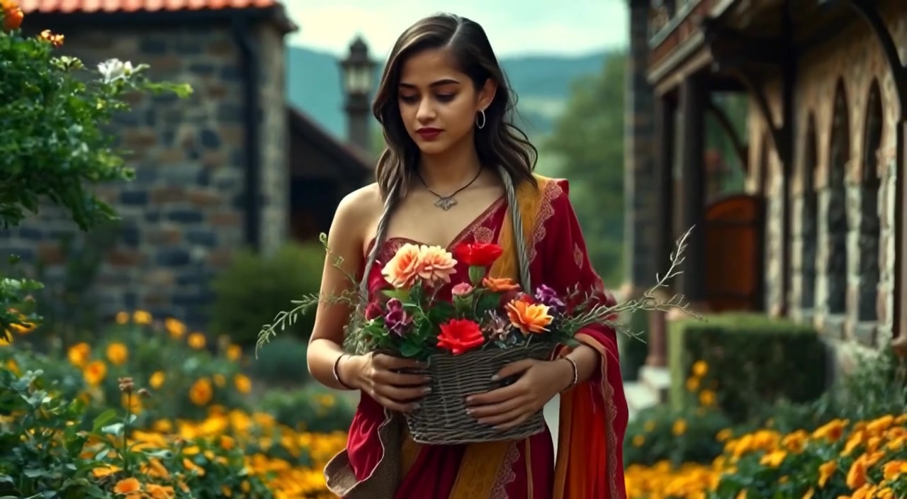 The woman walks slowly toward her home, gently swaying the basket filled with colorful flowers.