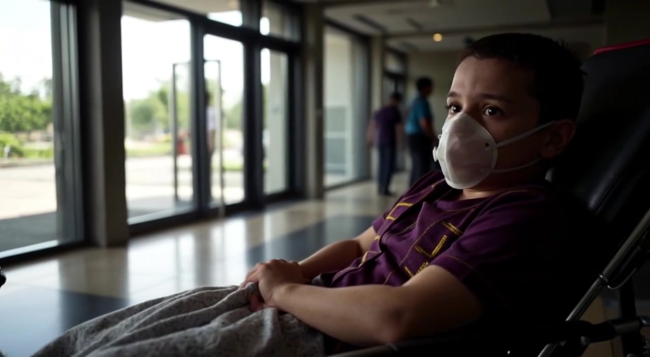 The boy breathes gently, the oxygen mask softly inflating and deflating as he lies on the stretcher.
