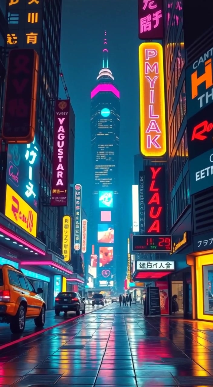 Neon lights flicker as pedestrians move slowly through the vibrant cyberpunk city street.