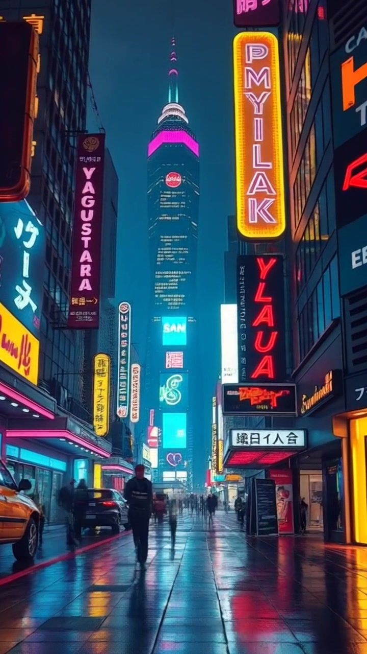 Scene: A bustling cyberpunk city street filled with vibrant neon signs and towering skyscrapers, alive with the energy of night. Style: Neon-lit ambiance with vibrant hues of blue and pink casting dramatic reflections. Motion: The camera glides smoothly down the street, weaving through throngs of people and robotic entities, capturing the hustle and bustle of urban life.