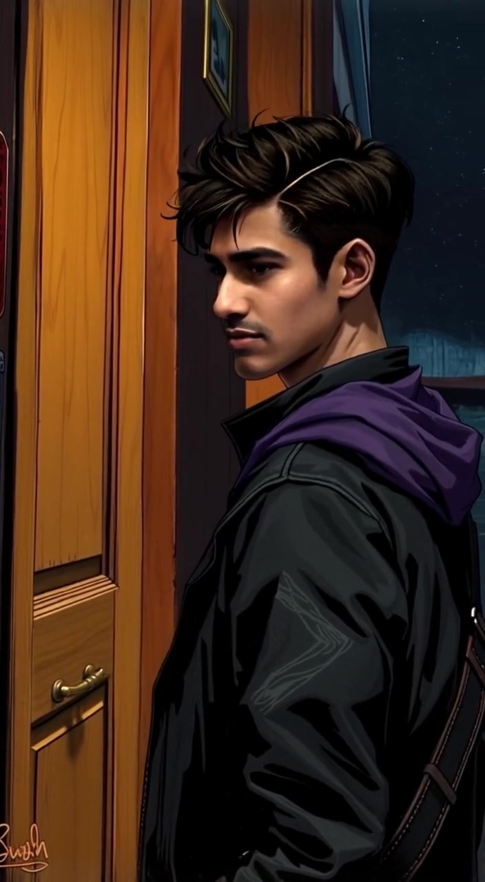 The man slowly opens the wooden door, peering out into the quiet night filled with stars.