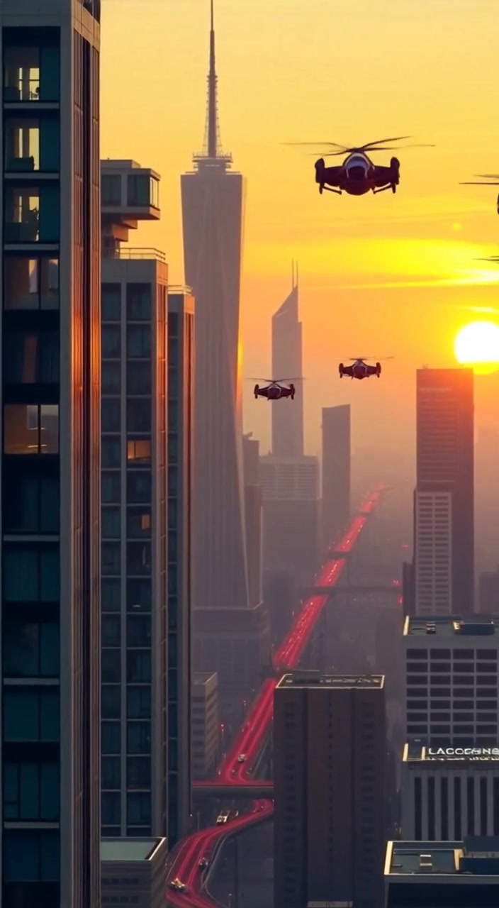 Flying cars smoothly navigate between tall skyscrapers as the sun sets behind the futuristic city skyline.