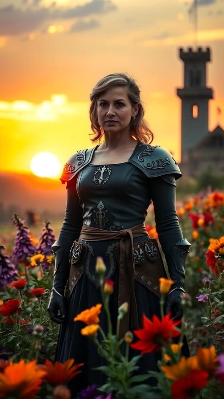 Subject: Perseverance, a resilient figure standing tall in a vibrant field of flowers. Subject movement: The figure gazes forward with determination, a feeling of strength emanating as the breeze sways the surrounding flora. Scene: A picturesque field of colorful flowers at sunset, the sky painted with shades of orange and purple. Motion: The camera starts with a close-up of the figure's determined expression and then gently pulls back to reveal the stunning landscape, illuminated by the warm glow of the setting sun, enhancing the atmosphere of hope and tranquility.