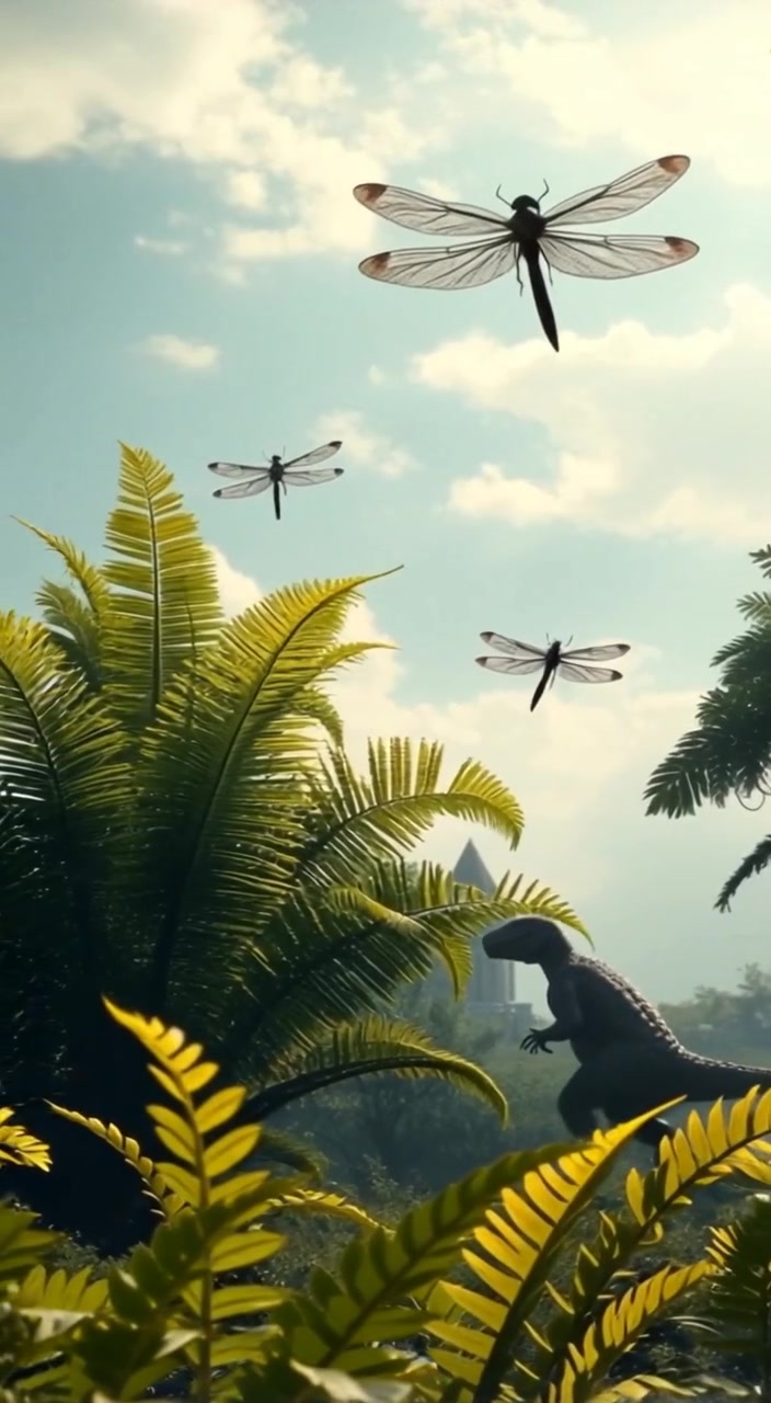 Leaves gently sway in the breeze, while a distant, small dinosaur grazes peacefully among the ferns under a bright sky.