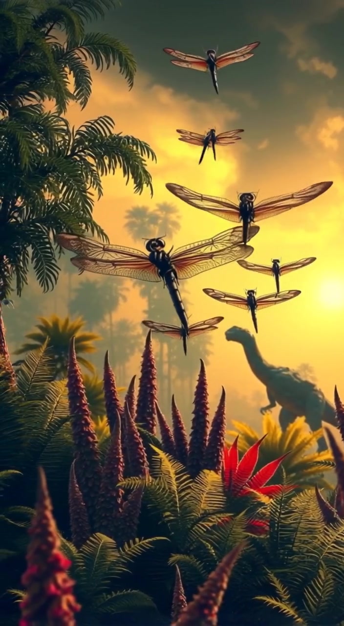 Giant dragonflies gracefully drift above a lush prehistoric forest, colorful leaves swaying gently in the warm breeze.