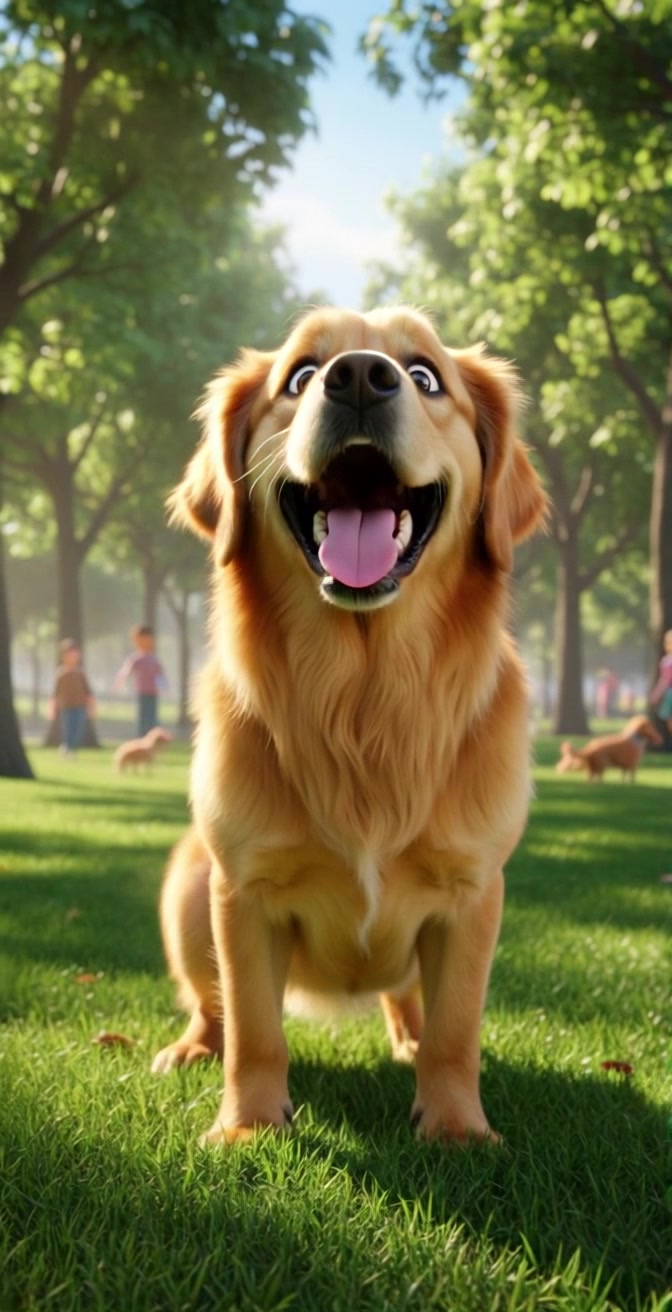 A large fluffy golden Dog stands in a field, barking joyfully with its mouth open and tongue out.