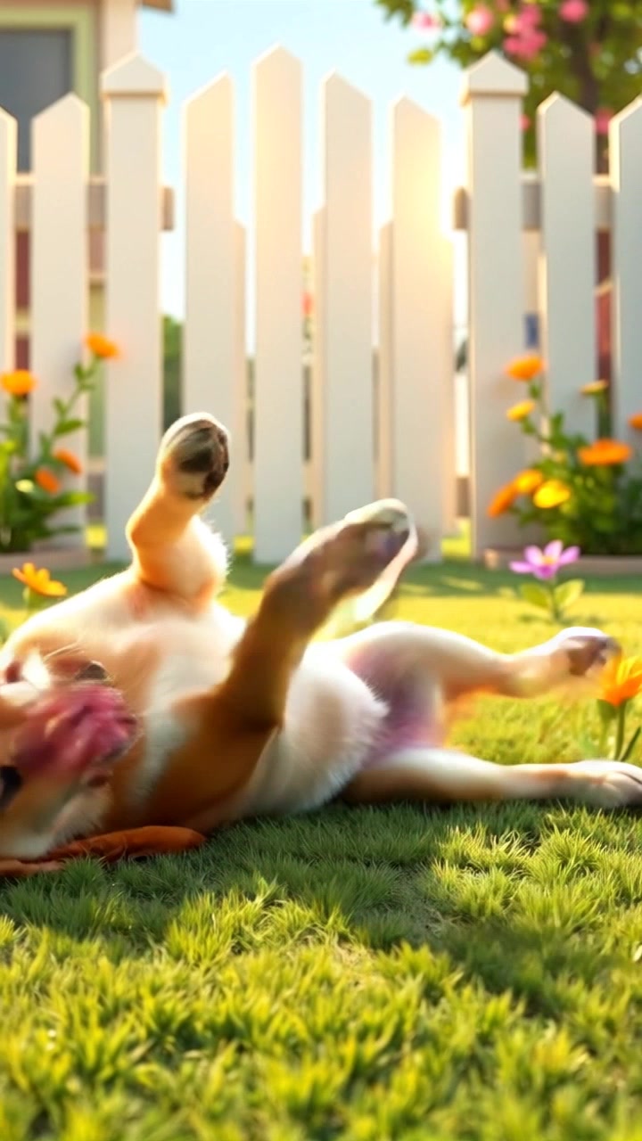 A close-up of Happy Dog lying on the grass, panting happily, with a cartoonish fence in the background.