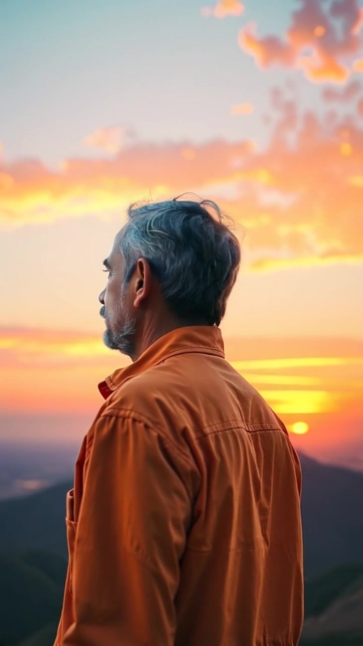 Scene: A solitary figure standing atop a hill, gazing out over a sweeping landscape bathed in the warm glow of sunset. Style: Soft, golden lighting accentuating the vibrant colors of the sky and the rolling terrain below. Motion: The camera gently pans around the figure, capturing their contemplative stance while revealing the expansive vista, with the horizon stretching far and wide, and the sun dipping below the landscape.