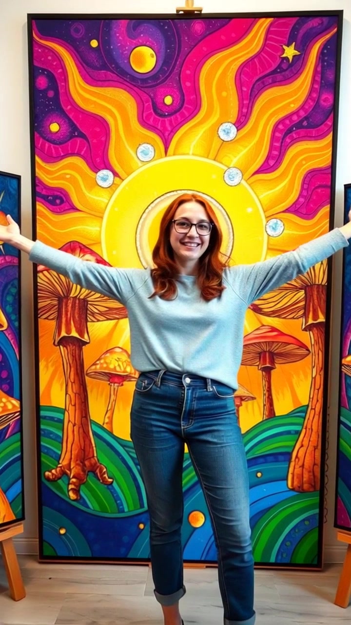 Subject: A young artist, Lily, stands with her arms wide open, embracing her completed artworks displayed around her. Scene: A bright and inspiring art studio filled with vibrant paintings and creative clutter. Motion: The camera smoothly pans in from a wider shot to a close-up, capturing the expressive joy on Lily's face and the intricate details of the art around her. Lighting: Soft morning light floods the studio, creating a warm and inviting atmosphere.