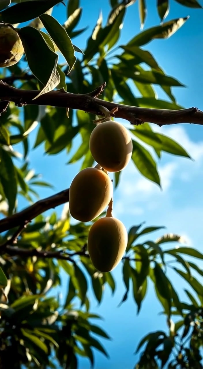 Close-up of branches of the mango tree, with some ripe mangoes hanging, against a blue sky.