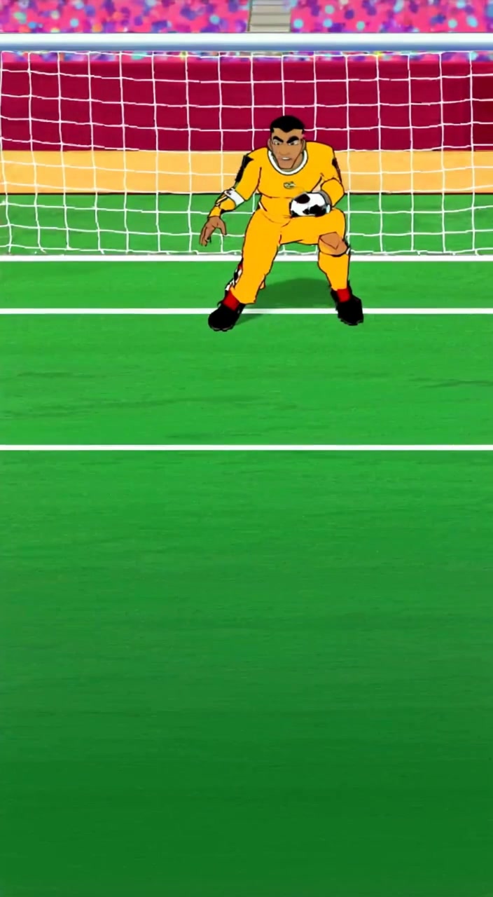 The player watches intently as the ball approaches the goal, tension building in the atmosphere during the game.