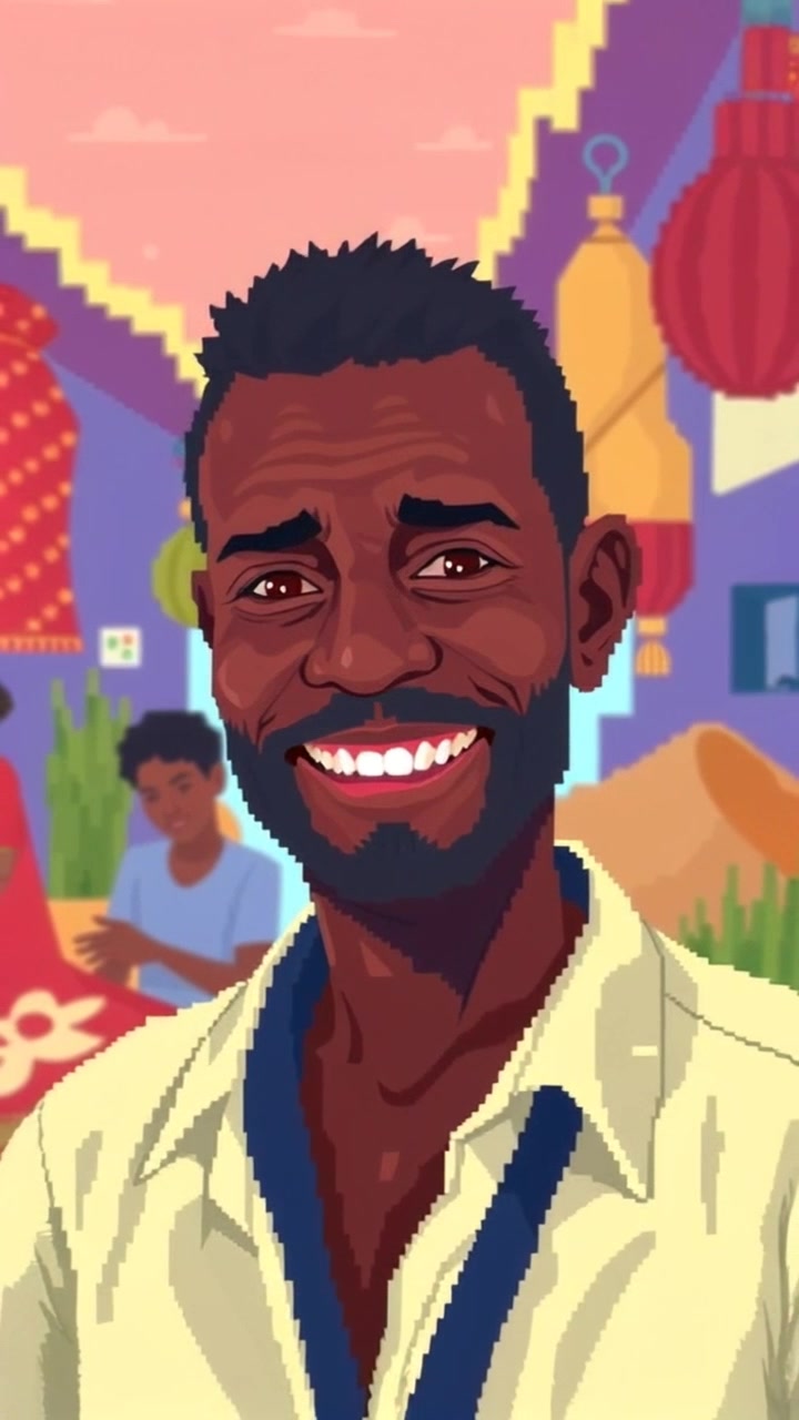 Subject (Portrait of Baba Lucky with warm smile) + Subject movement (Stillness) + Scene (Vibrant Nigerian market) + Camera Language (Slow zoom in) + Lighting (Bright sunlight filtering through colorful stalls) + Atmosphere (Lively and bustling)