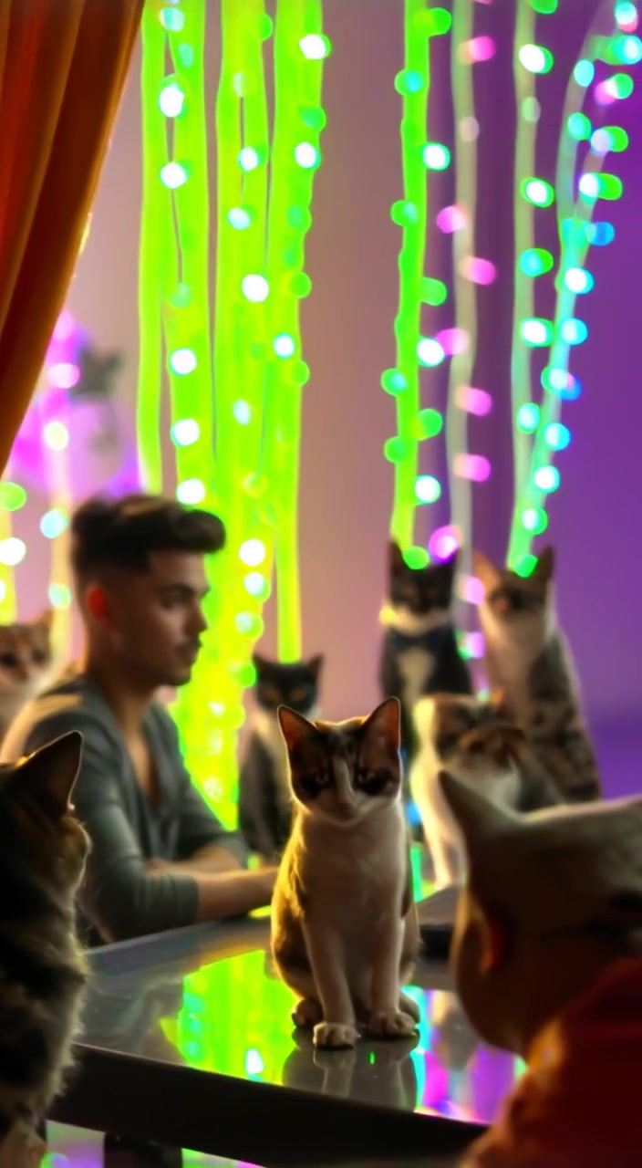 The streamer adjusts their microphone while colorful lights pulse gently in the background.
