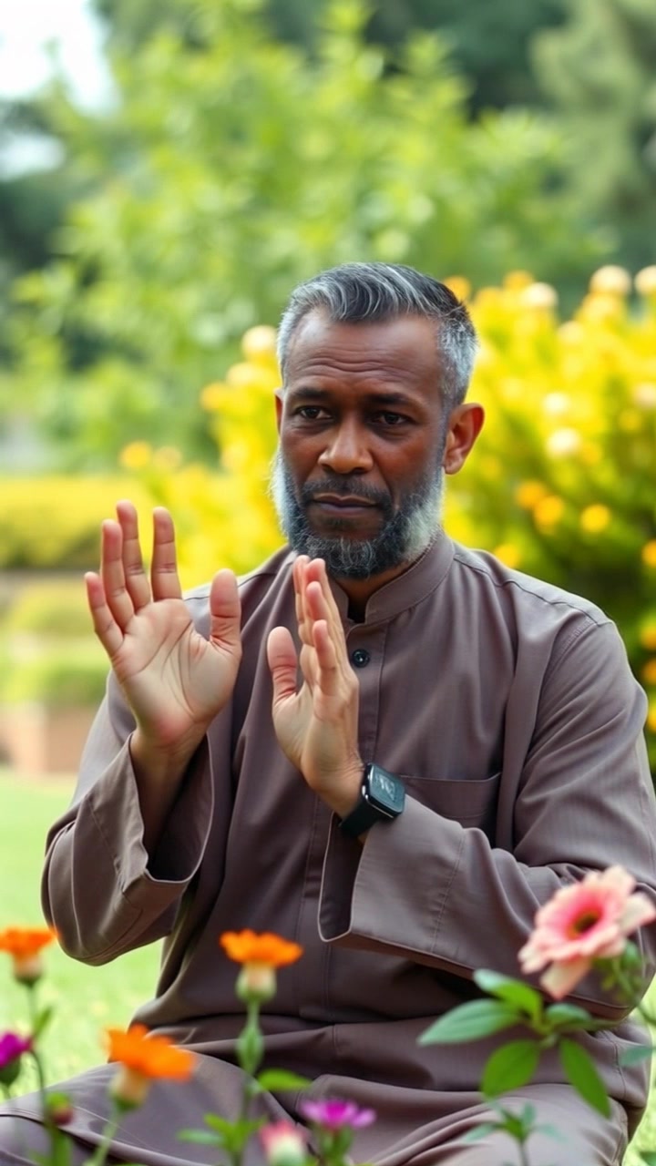 Kiyai As Syeikh Mohammad Mokhtarullah sits in a serene garden, hands raised in prayer, with a backdrop of lush greenery.