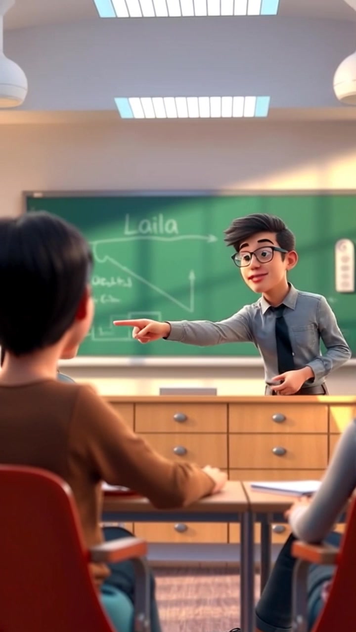 Teacher continuing her lesson, pointing to a female student on the left, with a chalkboard behind her.
