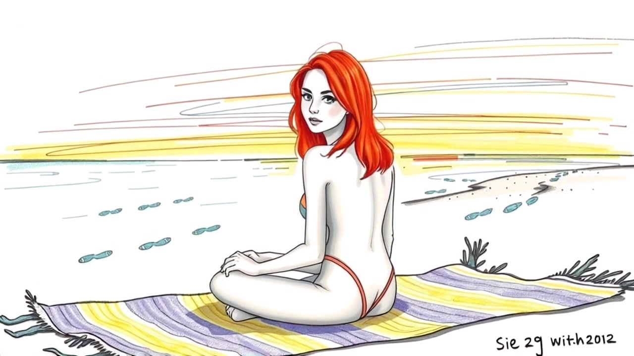 Subject: A contemplative woman with red hair sitting on a beach towel. Subject movement: She gazes at the sunset, allowing the gentle breeze to sway her hair. Scene: A tranquil beach with soft sand and fading footprints leading towards the horizon. Style: Warm, golden sunset light illuminating the scene with a calming glow. Motion: The camera slowly pushes in towards her, capturing the serene expression on her face while the waves softly lap against the shore.
