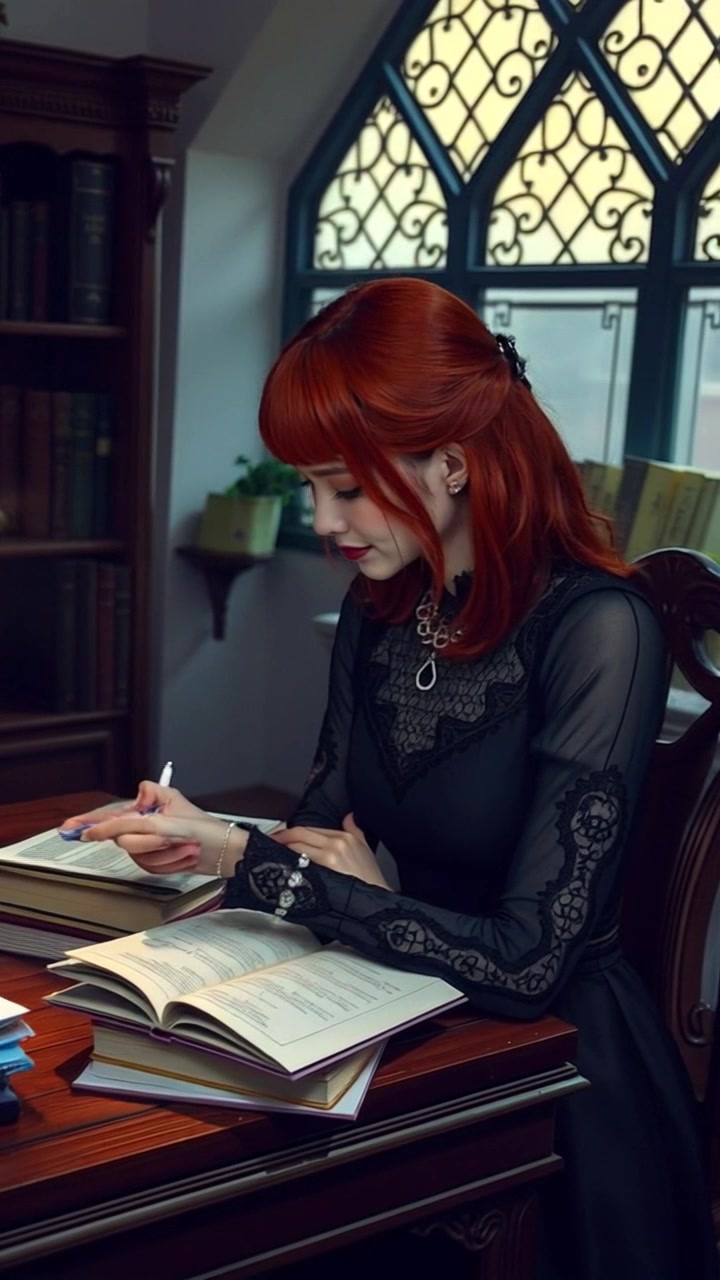 Subject: A focused student studying at her desk. Subject movement: She occasionally jots down notes while moving her head slightly to look at different books around her. Scene: Cozy room filled with books and stationery, warm lighting creating an inviting atmosphere. Motion: The camera pans slowly across the room, highlighting the clutter of books and stationery on the desk, then pulls back to reveal more of the cozy space.