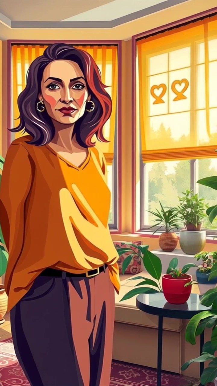 Subject: A woman standing in a cozy living room. Subject movement: The woman shifts slightly, turning her head to admire the plants surrounding her. Scene: Warm sunlight streaming through large windows, illuminating the living room filled with a variety of indoor plants. Style: Soft, inviting lighting creating a serene atmosphere. Motion: The camera gently pans around the room, showcasing the vibrant greenery and the sunlight dancing across the surfaces.