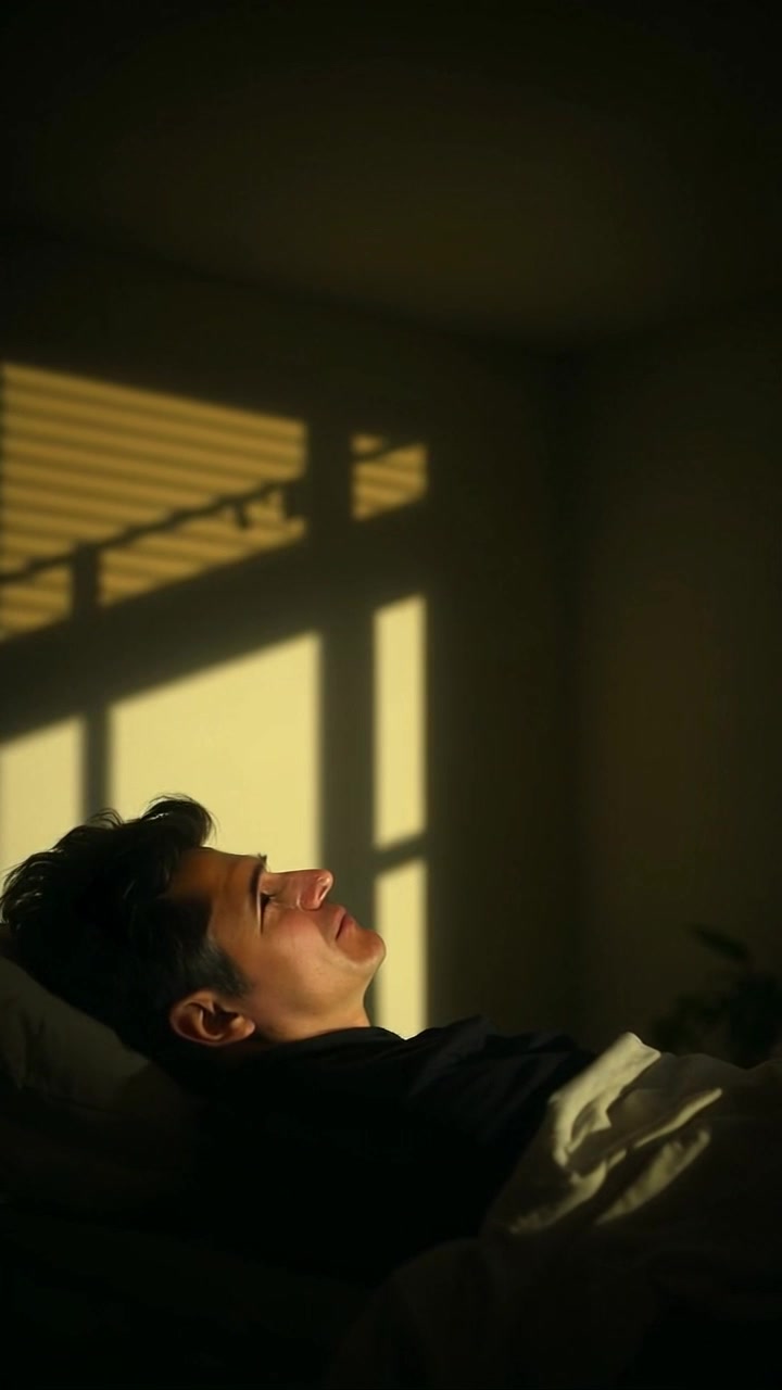 Subject: You lying on the bed. Subject movement: Breathing softly as you stare contemplatively at the ceiling above. Scene: A dimly lit bedroom, with shadows gently dancing across the walls, creating an intimate atmosphere. Style: Soft, ambient lighting that enhances the cozy yet reflective mood of the space. Motion: Camera slowly pushes in, creating an intimate close-up on your expression, capturing the tranquility and depth of thought.