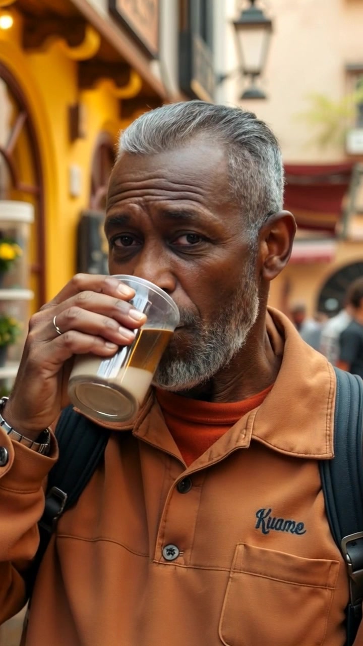 Subject: A determined individual named Kofi standing outside a cozy coffee shop on a bustling street, sipping a cup of coffee. Subject movement: Kofi takes a thoughtful sip, shifting his gaze to the lively street. Scene: A vibrant urban environment with pedestrians strolling by and colorful shopfronts in the background. Lighting: Warm, inviting morning light enhancing the cozy atmosphere of the coffee shop. Motion: The camera performs a slow dolly-in, focusing on Kofi's expression while capturing the energy of the bustling street around him.