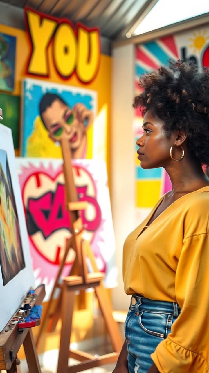 An artist stands in front of an easel in a sunlit studio, with colorful paintings on the walls. Slowly pan across the studio, revealing the artist's focused expression as they paint. Soft morning light streams in through the window, creating a tranquil atmosphere.