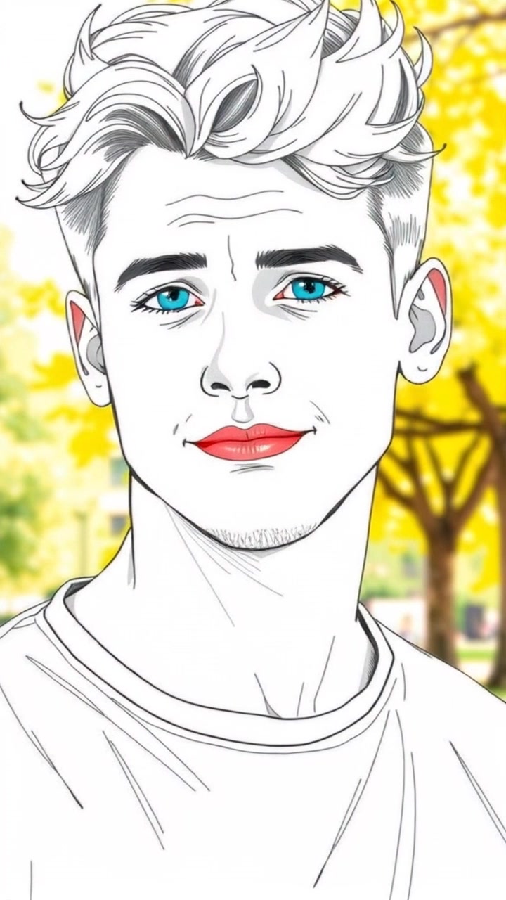 Subject: A young man with a caring expression. Subject movement: He stands still, gazing thoughtfully into the distance. Scene: A sunny park surrounded by greenery, sunlight filtering through the leaves and casting playful shadows on the ground. Style: Bright and warm lighting radiating a cheerful atmosphere. Motion: Camera slowly pushes in towards him, capturing the gentle sway of the trees in the background, inviting viewers to share in the tranquil moment.